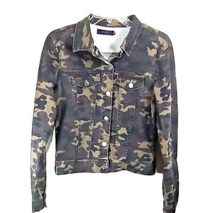 Cello Women's Camo Denim Jacket Cropped Button Front Camouflage Jean Coat Small